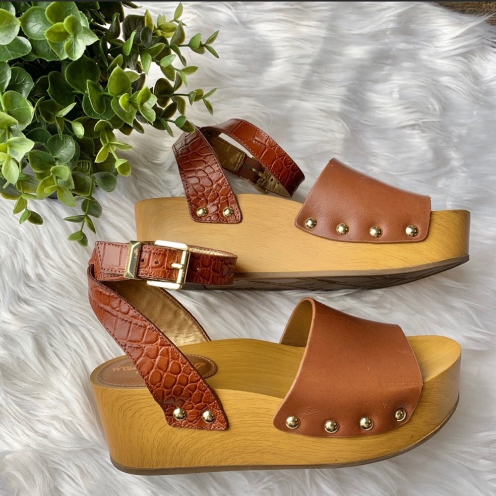 Sam Edelman Brynn Brown Leather Wedge Sandals Clog